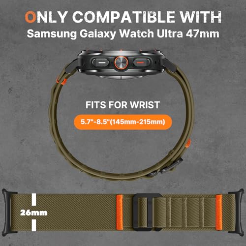 Image of Bandletic Rugged Nylon Compatible with Galaxy Watch Ultra Bands 47mm 2025 /2024 for Men, Stretchy Wide Sport Loop Strap with G-Hook Compatible with Samsung Ultra Watch Band, Black Buckle, Army Green
