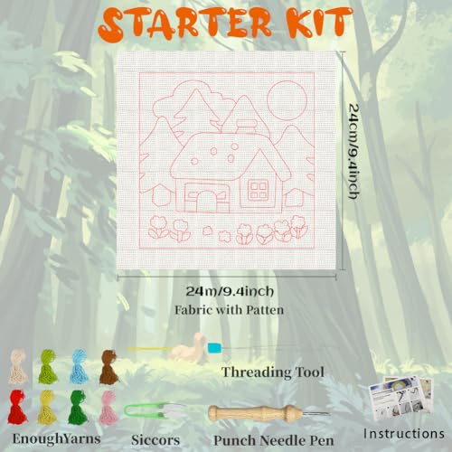 Image of BEUNITONE Forest House Punch Needle Kit for Adults Beginners, Complete Craft Kit with Needle, Frame, Yarn & Pattern, Create Wall Hanging, Christmas Wall Art Making 9.4 x 9.4 inch