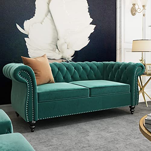 Image of QHITTY Accent Sofa, Chesterfield Loveseat Modern Velvet Couch Upholstered Sofa with Tufted Back for Living Room Furniture (Green)