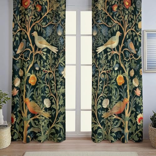 Curtains Eyelet Blackout Thermal Insulated, Curtains William Morris Flowers Birds Print Pattern Soft Soundproof Privacy Window Drapes for Bedroom Living Room W 66" x L 90" (2 Panels), Dark Green - Cosy Home Interiors Curtains Eyelet Blackout Thermal Insulated, Curtains William Morris Flowers Birds Print Pattern Soft Soundproof Privacy Window Drapes for Bedroom Living Room W 66" x L 90" (2 Panels), Dark Green - Image 3