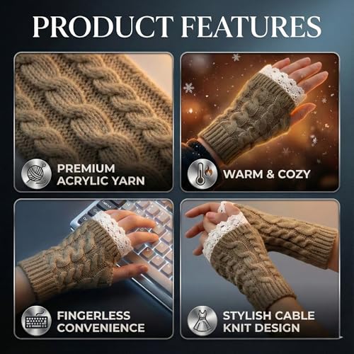Image of Kraptick Women's Cable Knit Fingerless Gloves - Winter Arm Warmers with Elegant Lace Trim & Thumb Hole - Soft Woolen Thermal Half Finger Mittens for Typing, Driving & Office Work (Free Size, khaki)-1