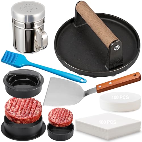 GPYG 7' Cast Iron Smash Burger Press, Hamburger Press Patty Maker, Stainless Steel Spatula, Nonstick Patty Papers, Seasoning Shaker and Brush, Smash Burger Press Kit for Blackstone Griddle Grills