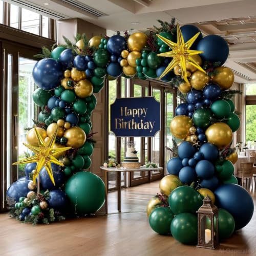 Image of Navy Blue Green Balloon Arch Double Stuffed Dark Emerald Green Blue Gold Balloon Garland Kit with Star Foil Balloons for Birthday Graduation Anniversary Baby Shower Christmas Party Decorations