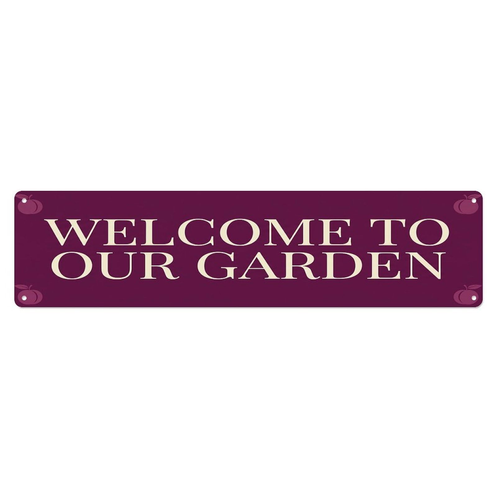Vintage Welcome to Our Garden Plum Purple Metal Tin Sign