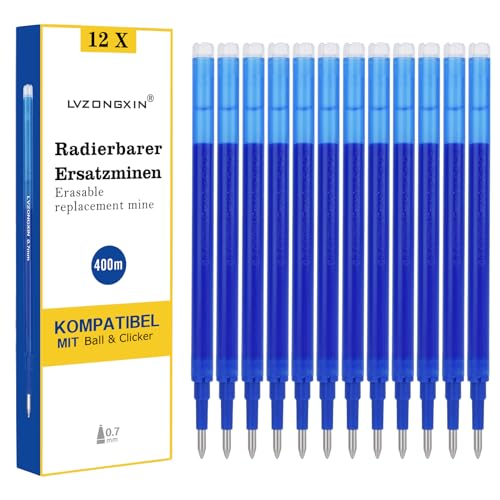 [12 Stück] - LVZONGXIN Radierbare Ersatzmine Kompatibel mit Pilot FriXion Ball & Clicker & Eberhard Faber animal erase it Spitze 0 7 mm Nachfullminen mit radierbarer Tinte (BLAU 12)
