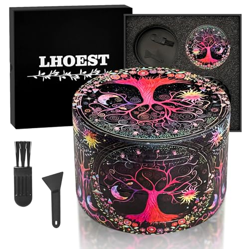 LHOEST Grinder Grand broyeur 63 mm Moulin à épices avec grattoir et brosse en plastique Grinders 4 couches Motif arbre rose Moulin à pollen Métal Lot de 4...