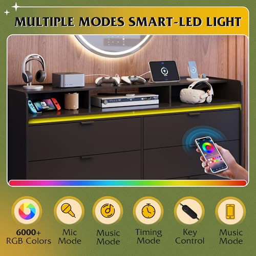WLIVE 9 Drawer Led Dresser for Bedroom, 58.35'' Black Wood Dresser Storage Organizer with Power Outlets for 65'' TV, Dressers with Open Shelves, Chest of Drawers for Closet, Living Room