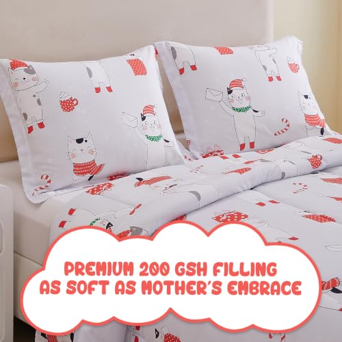 Image of Yibeizi Kids Christmas Bed Comforter Set Full Cute Cat Printed Xmas Bedding