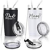 Mom and Dad Travel Tumbler Set Est 2021, Funny Christmas Gifts for New Parents New Pregnancy New Dad New Mom Anniversary, Stainless Steel Insulated Travel Tumbler with 2 Lids(20oz, Black and White)
