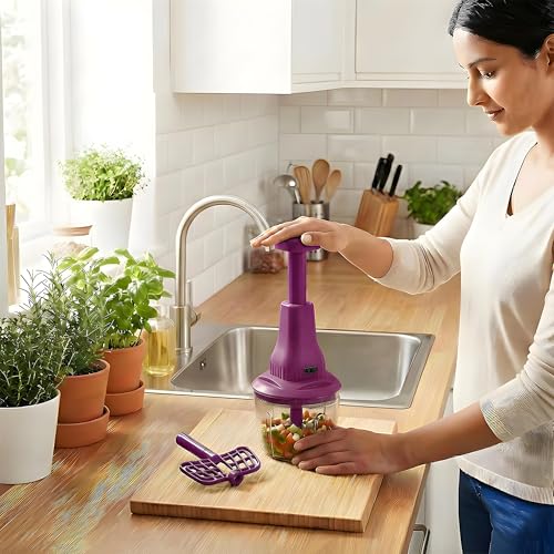 Image of Chopper for Kitchen Use | 650 ml Round Push Chopper with 3 Blades and Whisker | Chopping Vegetables & Fruits, Onion, Ginger, Garlic, Salad, Tomato, Potato (Purple)