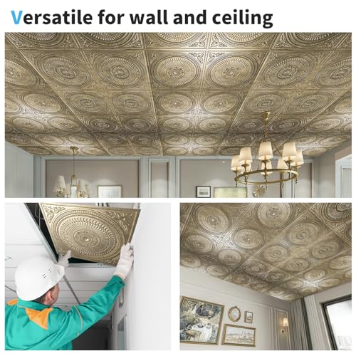 Art3d 12-Pack Drop Ceiling Tiles 2x2 FT, Decorative Easy Install PVC Ceiling Panels for Interior Kitchen Bathroom Basement, 24x24 Inch, Antique Gold
