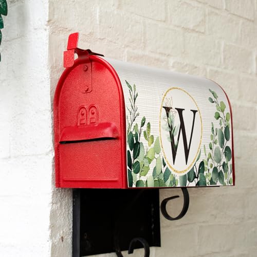 Image of Tiamon Monogrammed W Mailbox Covers Magnetic Eucalyptus Welcome Letter Box Wrap Standard Size 21x18 Inch Spring Summer Leaves Mailbox Decor Eucalyptus Letter Numbers Decoration for Outdoor Garden Yard