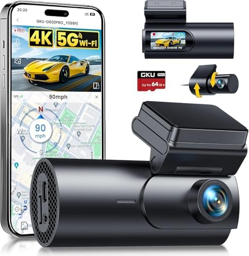 GKU 4K Dashcam Voiture Avant Arrière,5GHz WiFi GPS,2160P+1080P Ca...