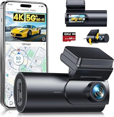 GKU Dashcam Cámara Coche 4K+1080P, 5GHz WiFi &GPS, 1.5'' IPS Dash CAM Coche con Tarjeta SD de 64GB,Camara Coche Grabadora,170° Gran Angular,Visión Nocturn,WDR,Sensor G,Monitor de Aparcamiento