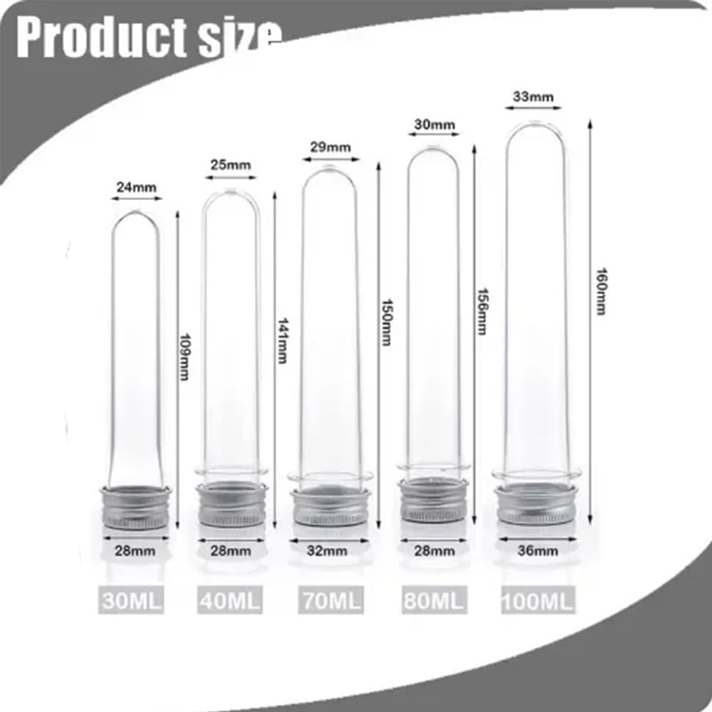 20 tubos de ensayo de 100 ml de plástico transparente con tapón de rosca, botella de prueba reutilizable para tubos de flores, manualidades, decoración de fiestas, caramelos, polvo, especias