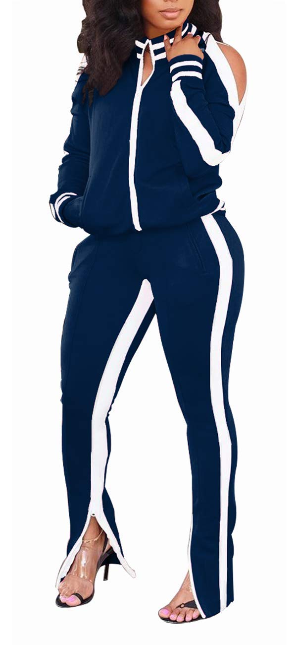 TOPONSKYWomen Casual 2 Piece Outfit Long Pant Set Sweatsuits Tracksuits, Bd Navy White, Medium