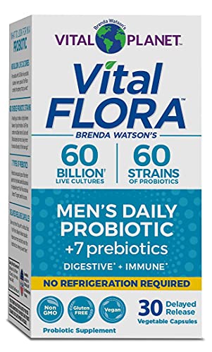 Vital Planet - Vital Flora Menâ€™s Daily Shelf Stable Probiotic Supplement with 60 Billion Cultures and 60 Strains, Immune and Digestive Support Probiotics for Men with Prebiotic Fiber, 30 Capsules
