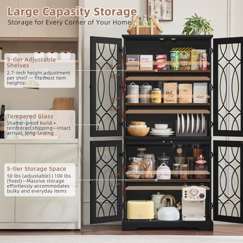 Image of Joaxswe 67 inch Tall Pantry Cabinet, Wood Kitchen Pantries Cabinets with Glass Doors & Adjustable Shelves, Freestanding Vintage Cupboard with Large Storage for Dining Room, Bathroom, Black