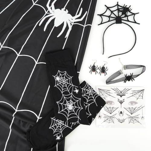 Halloween Kostüm Damen Spinnennetz Poncho, Damen Halloween Kleid Spinne Cosplay Kostüm, Halloween spinnen Kostüm Set mit halloween haarreif, Spinnen strumpfhose, Spinnen Tattoos, Spinne Ohrringe