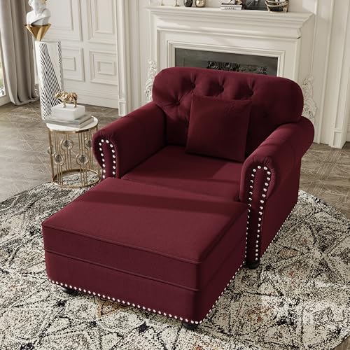 Image of KEIKI 41 inch Velvet Chesterfield Sofa with Rolled Arms & Nailhead Trim & 1 Ottoman, Modern 1-Seater Button Tufted Couch with High Resilience Cushion & 1 Pillow, Easy Assembly, for Living Room, Burgundy