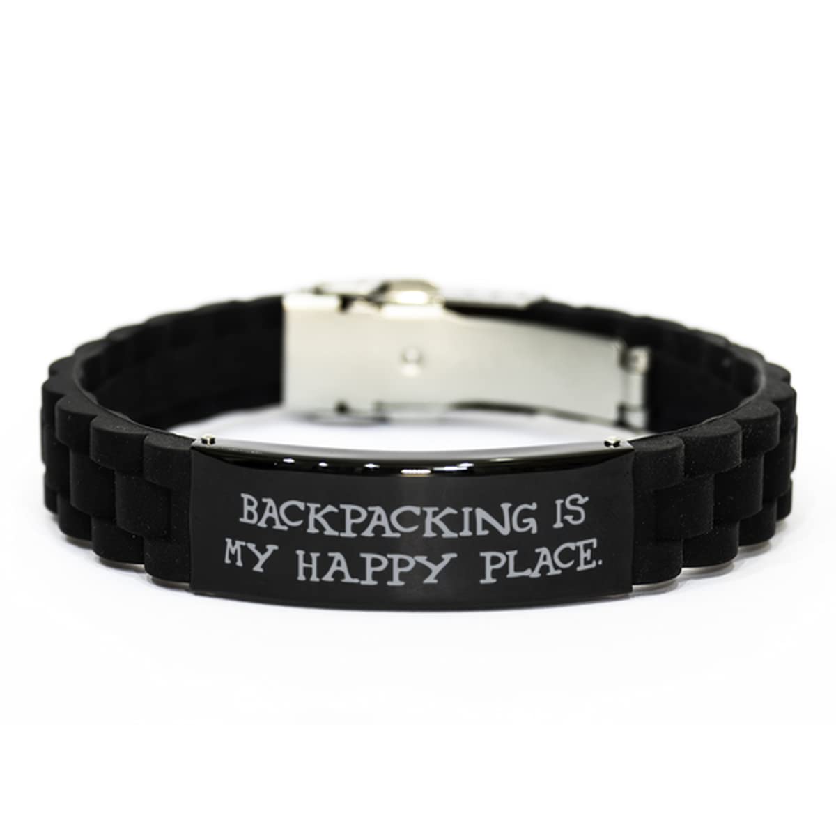 Love Backpacking Gifts, Backpacking is My Happy Place, Backpacking Black Glidelock Clasp Bracelet from Friends, Unique Backpacking Black glidelock Clasp Bracelet Gifts, Cool Backpacking Black