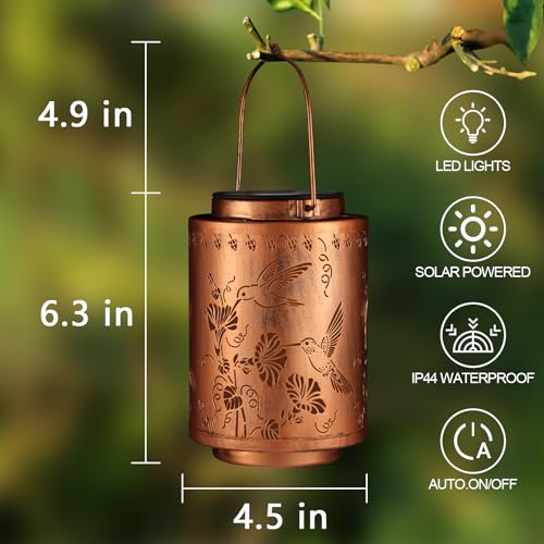 Image of 2 Pack Solar Lanterns Outdoor Waterproof Garden Decor Birthday Gifts for Women Mon Grandma Metal Hanging Solar Lights Decoration for Outside LED Lanterns for Yard Patio(Hummingbirds)