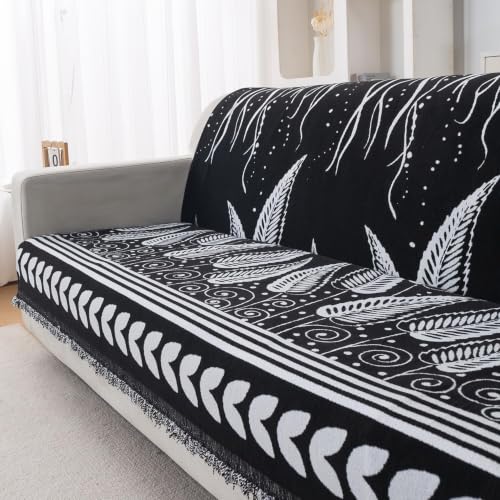 Image of HOKIPO Serene Abode Sofa Cover 3 Seater, 180x175 cm, Black Fern Tribal