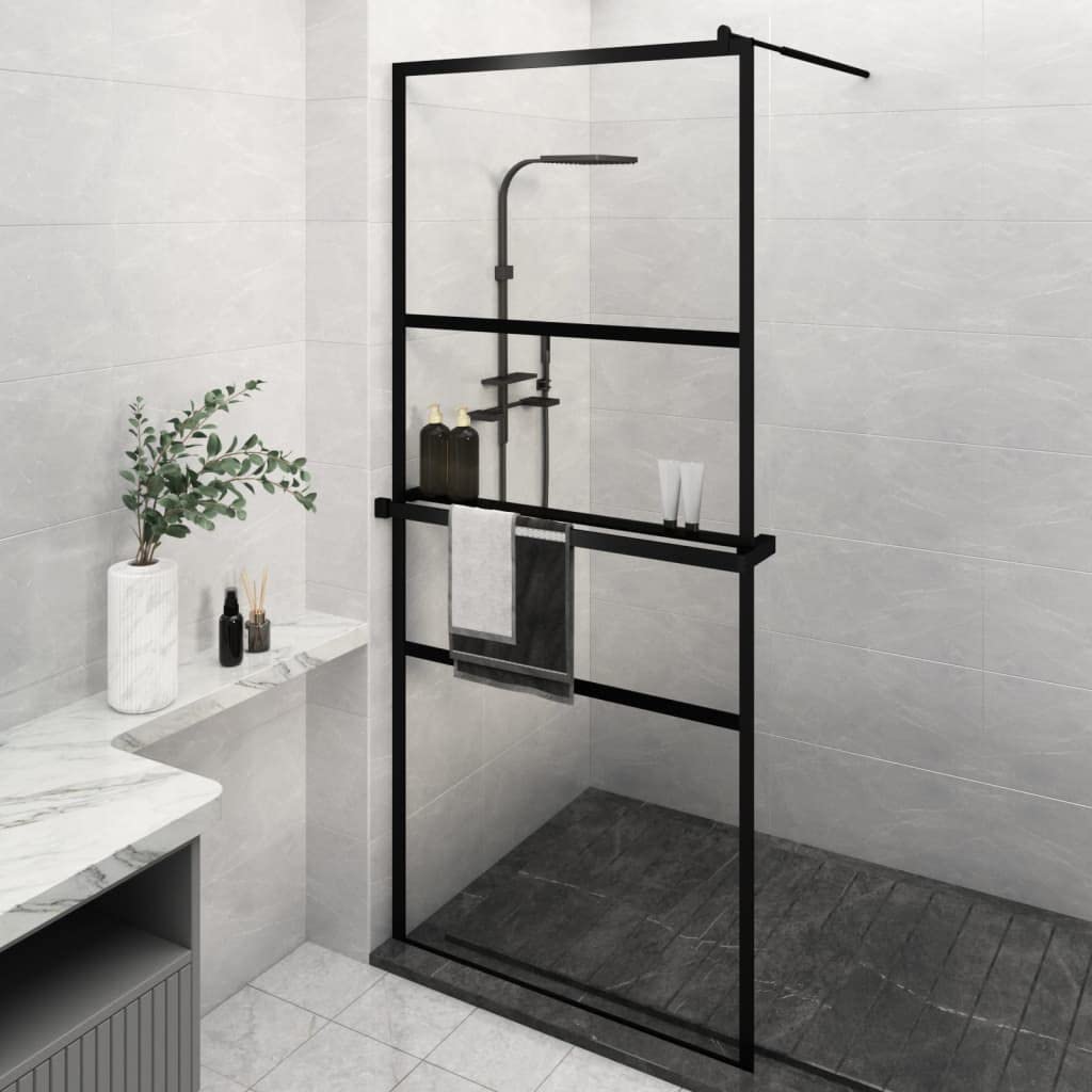 Mampara Ducha con Estante Vidrio ESG y Aluminio Negro 90x195 cm, Mampara Bañera, Mampara Baño Ducha, Cabina De Ducha, Mampara Baño - 3185459