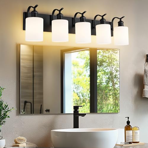 Image of 5 Light Bathroom Vanity Light, Morden Black Vanity Light Bathroom Lighting Fixtures Over Mirror Black Wall Sconces with Milky White Frosted Shade ZCVL01BKW-5