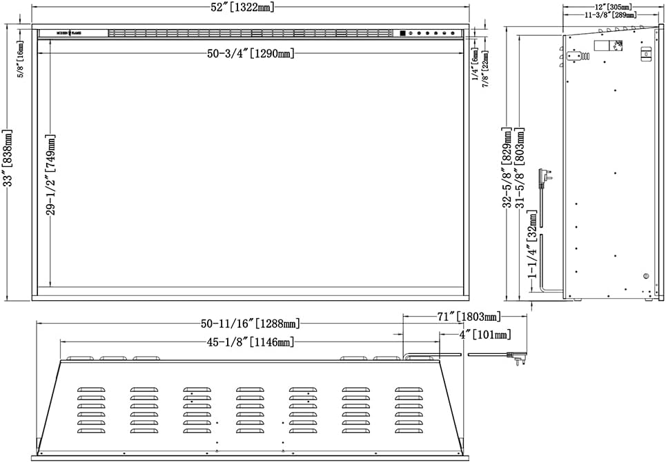 Detailed dimension diagram for Modern Flames Redstone 54-Inch Electric Fireplace
