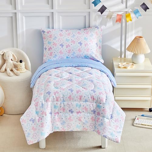 Image of JHXHMX Butterfly Toddler Bedding Set for Girls,4 Pieces Bed-in-a-Bag Toddler Bed Set,Soft Crib Comforter Sheet Set Including Comforter,Fitted Sheet,Flat Sheet and Pillowcase-White