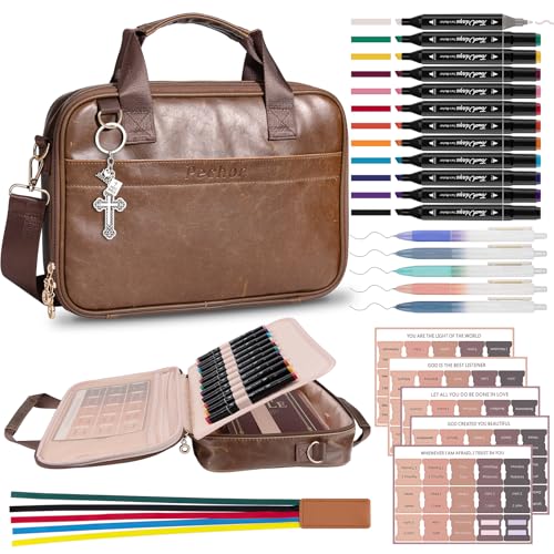 Pechor Leather Bible Cover Case for Men Women, Large Bible Bag Bible Study Supplies Church Bag Bible Journaling Kit with Shoulder Strap, Book Carrying Case Christian Gifts for Lady Teen Girls