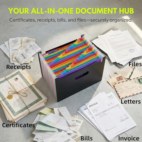 WEIANG Portable File Organizer Box with Folder, Upgraded File Storage Box with 25 Pocket Accordion Folder, Collapsible Linen Storage Boxes with Lid, Durable Hanging File Box for Office/Decor/Home by WEIANG - Image 6