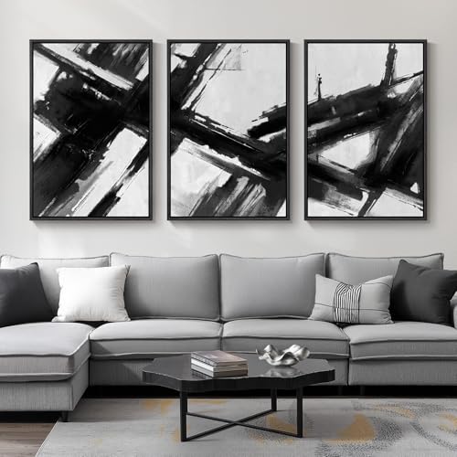 Large Framed Black and White Abstract Canvas Wall Art for Li