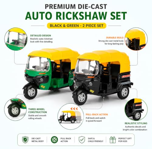 Image of PLUSPOINT Metal Auto Rickshaw Toy Set of 2 | Black & Green Die-Cast Metal Body | Pull Back Action Toy Vehicles | Detailed 3-Wheel Tuk Tuk Models for Kids | Pretend Play & Gifting