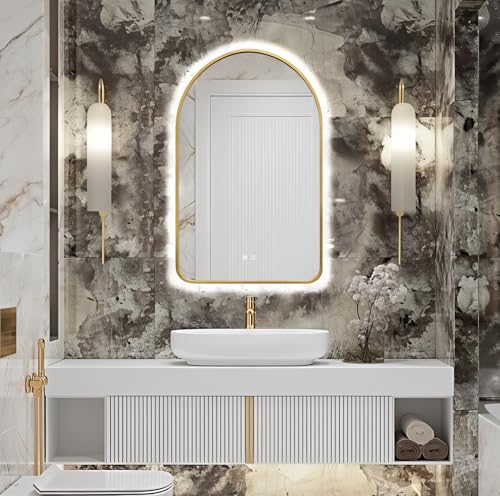 TheiaMo Arched LED Bathroom Mirror, 32"x20" Gold Framed Arch Backlit