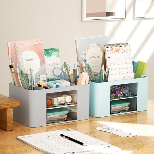 Image of Marbrasse Pen Organizer with 2 Drawer, Multi-Functional Pencil Holder for Desk, Desk Organizers and Accessories with 5 Compartments + Drawer for Office Art Supplies (Grey)
