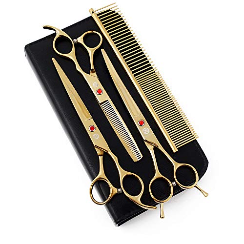 Image of Purple Dragon 7.0 inch Rhinestone Decoration 3PCS Pet Grooming Scissors Dog Hair Cutting & Thinning Shears Set (Gold)