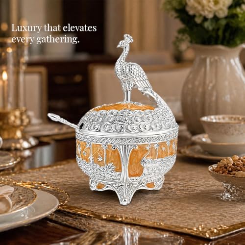 Image of DIVINITI Luxury German Silver Peacock Decorative Bowl with Spoon & Gift Box | Royal Decorative Serving Bowl for Dry Fruits, Mishri & Table Decor | Premium Wedding & Festive Gift (16 cm) (Peach)