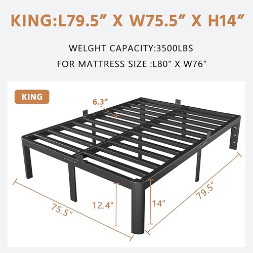Image of King Bed Frame Black, 14 Inch Metal King Size Bed Frame No Box Spring Needed, DIY Headboard Holes, Heavy Duty Steel Support 3500 LBS, Noiseless, Round Corner Legs, Storage Space, Easy Assembly