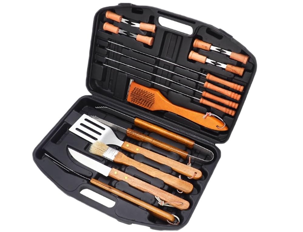 Kit Para Churrasco 19 Pe&ccedil;as Cabo Madeira Artesanal A&ccedil;o Inox