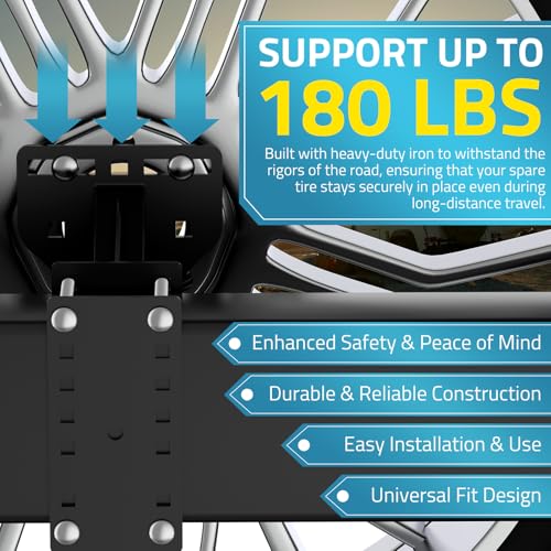 Image of PAULINN 3-Nuts Upgraded Trailer Spare Tire Mount w /Anti-Theft Rope, Fits 4 /5 /6 /8 Lugs Wheels on 4 inch, 4.5'', 4.75'', 5'', 5.5'' & 6'' Bolt Patterns Universal Spare Tire Carrier, 180 LBS