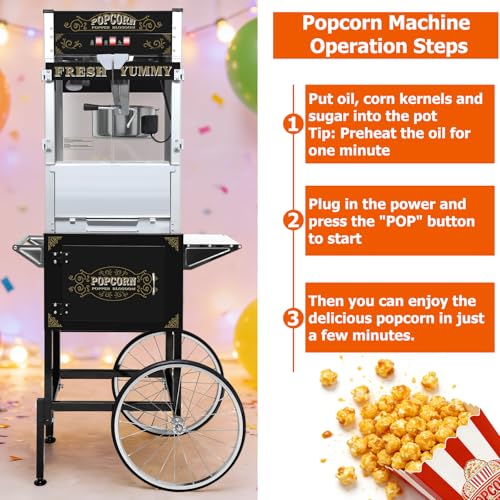 Image of Commercial Popcorn Machine with Cart & Wheels - 32OZ Stainless Steel Kettle, Vintage Style, Tempered Glass | Large Capacity for Home, Parties, Movie Theater (Black)
