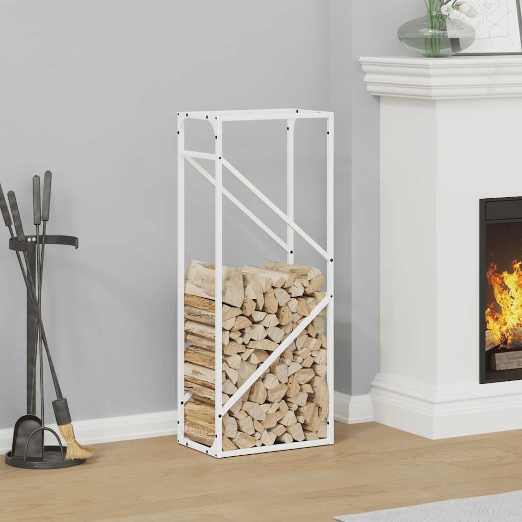 Estantería para leña blanca de acero laminado en frío, 40 x 25 x 100 cm, soporte para leña para interior y exterior, con gran capacidad de carga y diseño práctico para salón o terraza