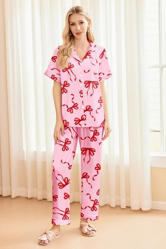 Image of Ekouaer Silk Pajamas for Women Set Satin Soft Short Sleeve Button Down Pjs