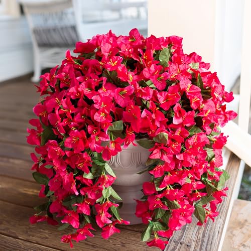 Artificial Faux Bougainvillea Flowers Plants for Outdoor Outside Summer Decoration, 2 PCS Fake Silk Long Trailing Vines UV Resistant Realistic for Front Door Porch Planter Urn Patio Balcony, Hotpink