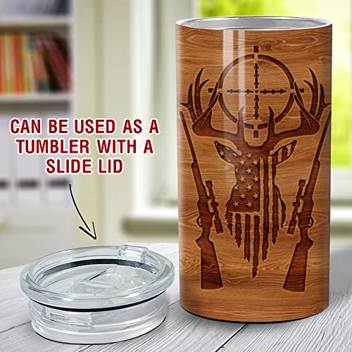 Image of SANDJEST Hunting Tumbler Wood Style American Flag 4 in 1 12oz Tumbler Can Cooler Coozie Skinny Stainless Steel Tumbler Gift for Men Dad Best Friends Hunting Lovers Christmas Birthday Fathers Day