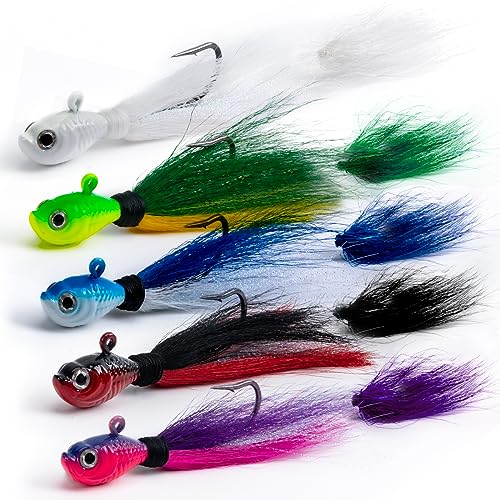 Goture 5pcs Bucktail Jigs Saltwater Fishing Hair Jig for Bass Walleye Crappie Bluefish Snook Rockfish Halibut - 1/4oz 1/2oz 1oz 2oz