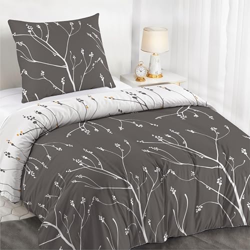 Dreamzie 1 Funda Nordica Cama 90 Diseño de Ramas Grises con 1 Funda Almohada 80x80 cm Funda Nordica 135x200 de 100% Microfibra - Certificada Oeko Tex
