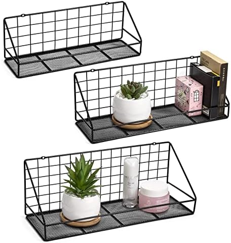 QIWODE Floating Shelves Wall Mounted Set of 3, Wall Storage Shelves for Bedroom, Living Room, Bathroom, Kitchen, Office and More Carbonized Black